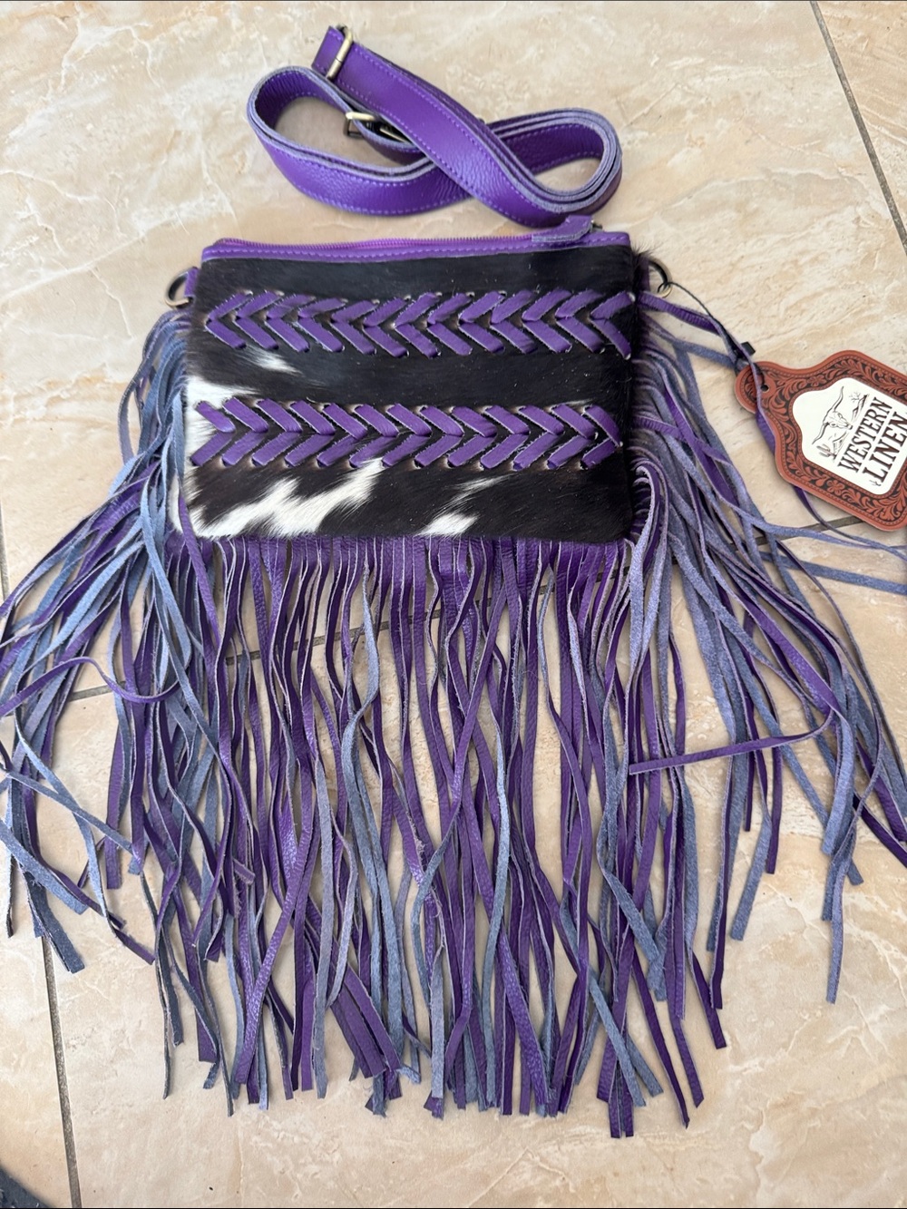Western Linen Purple Fringe Leather Crossbody Bag